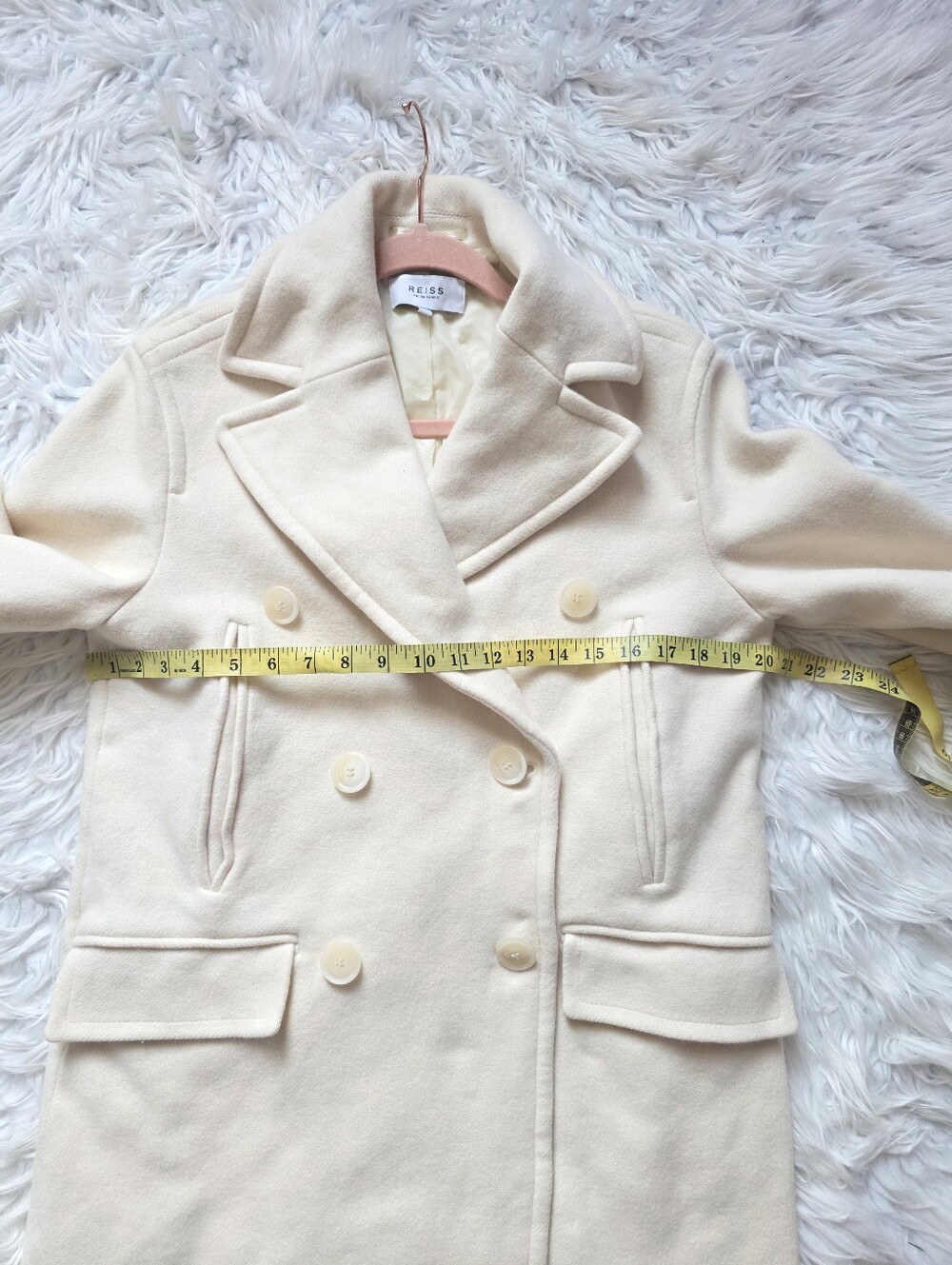 Reiss Cream Double-Breasted Wool / CashmerePea Coat - Picture 13 of 16